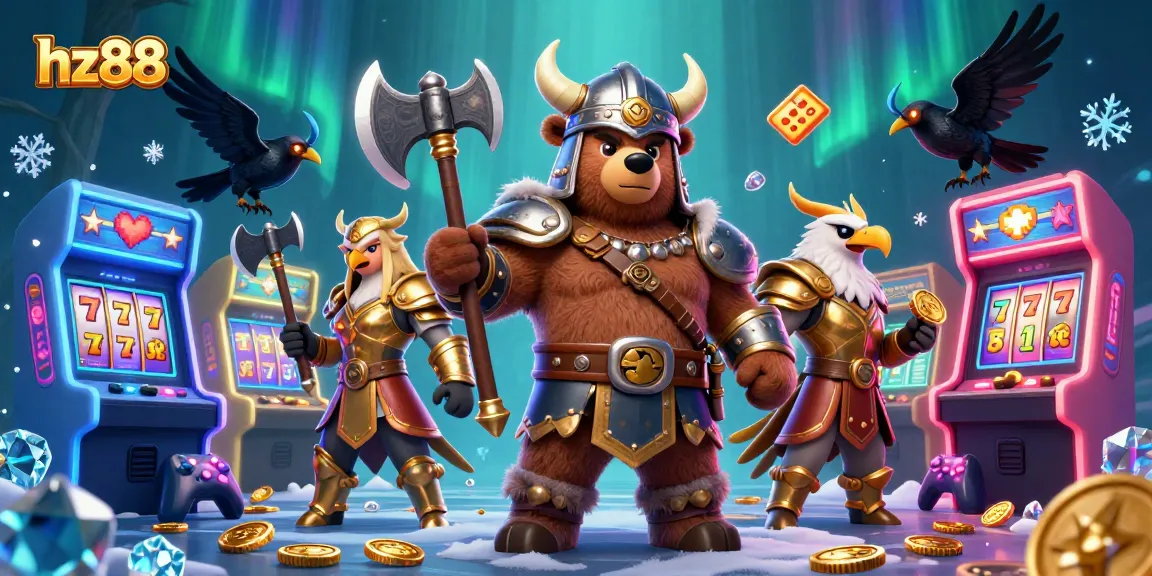 Experience thrilling excitement at hz88 with a Viking berserker bear and Valkyrie eagle amidst vibrant casino game elements.