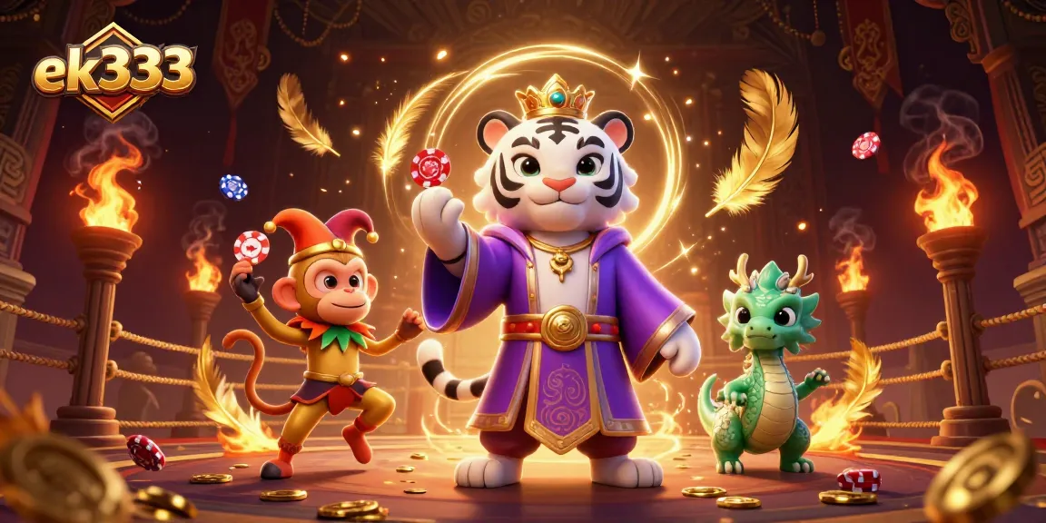 Join the exciting action at ek333 with a vibrant casino scene featuring a royal tiger and playful monkey.