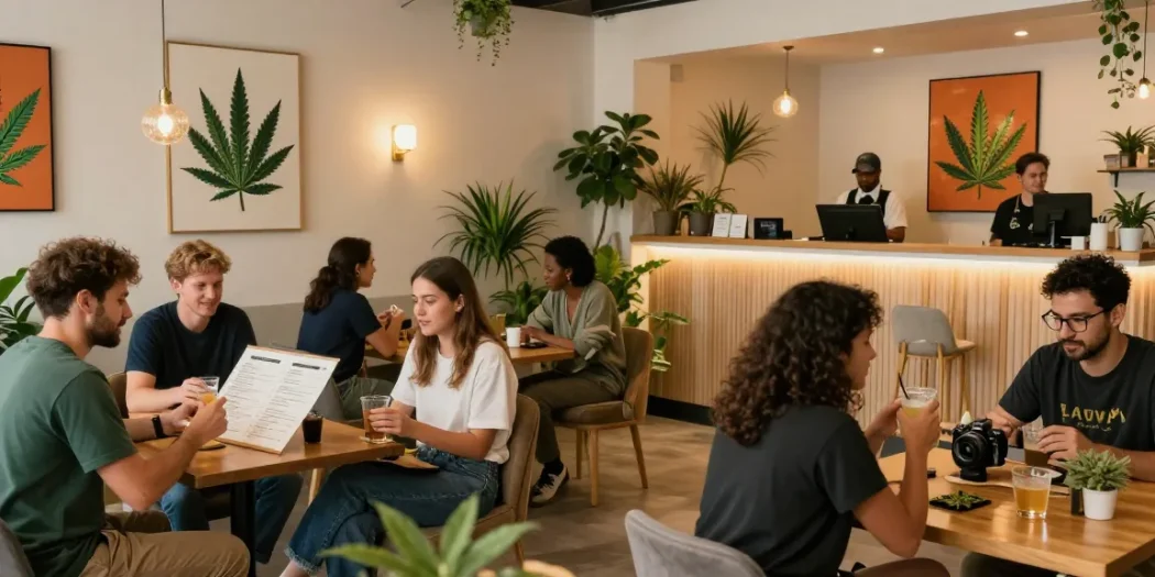 Välkomnande cannabis klubbscen med medlemmar och vänlig personal på https://sv.cannabisbcn.com/.