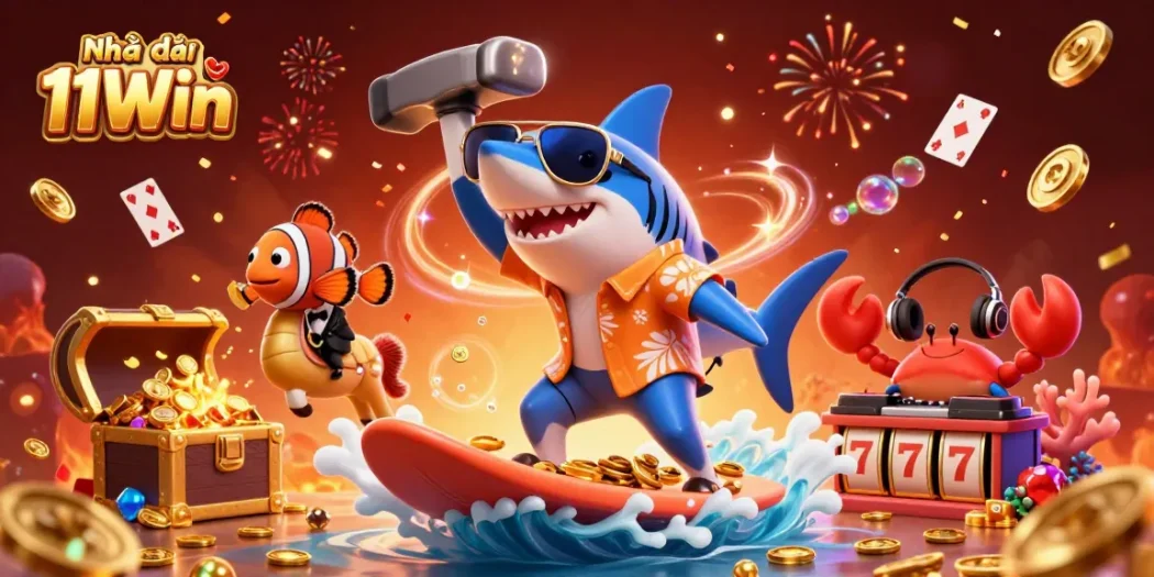 Engage with Nhà cái 11Win through vibrant gambling scenes featuring a shark, clownfish, and crab DJ.