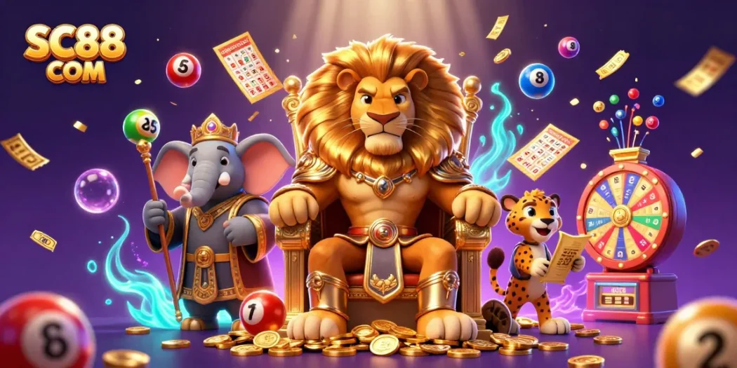 Engage with exciting gaming action at SC88 COM featuring a majestic lion king, elephant advisor, and swift cheetah.