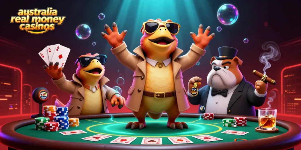 Experience the excitement of australia real money casinos with 3D cartoon raptors in a trench coat entering a VIP lounge.