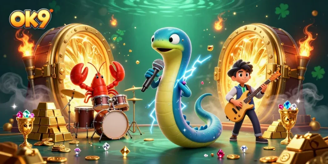ok9 electrifies players with a vibrant underwater casino scene featuring dynamic characters and treasure elements.
